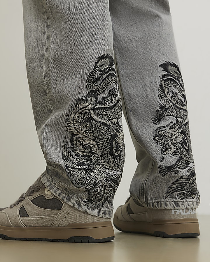 Grey Loose Fit Embroidered Jeans