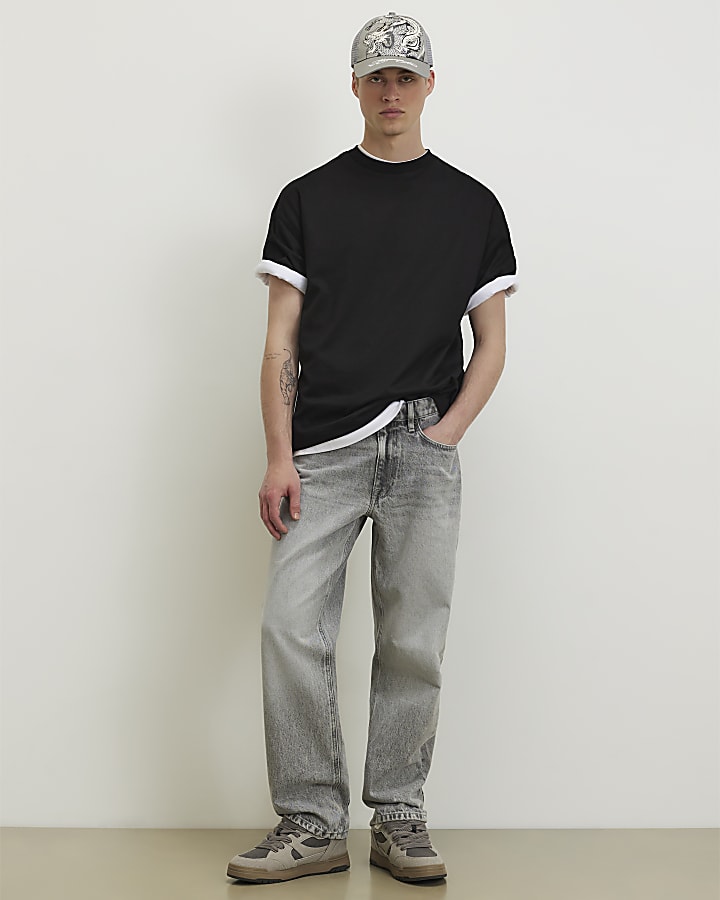 Grey Loose Fit Embroidered Jeans
