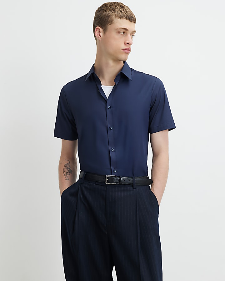 Navy Slim Fit Short Sleeve Shirt