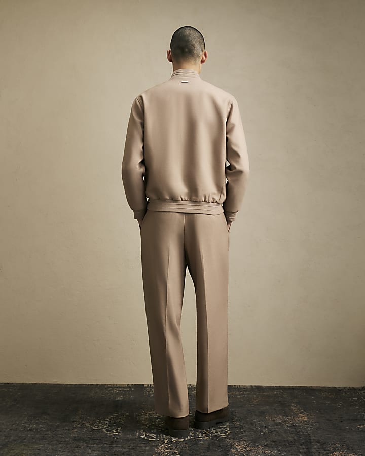 Beige Wide Fit Twill Trousers