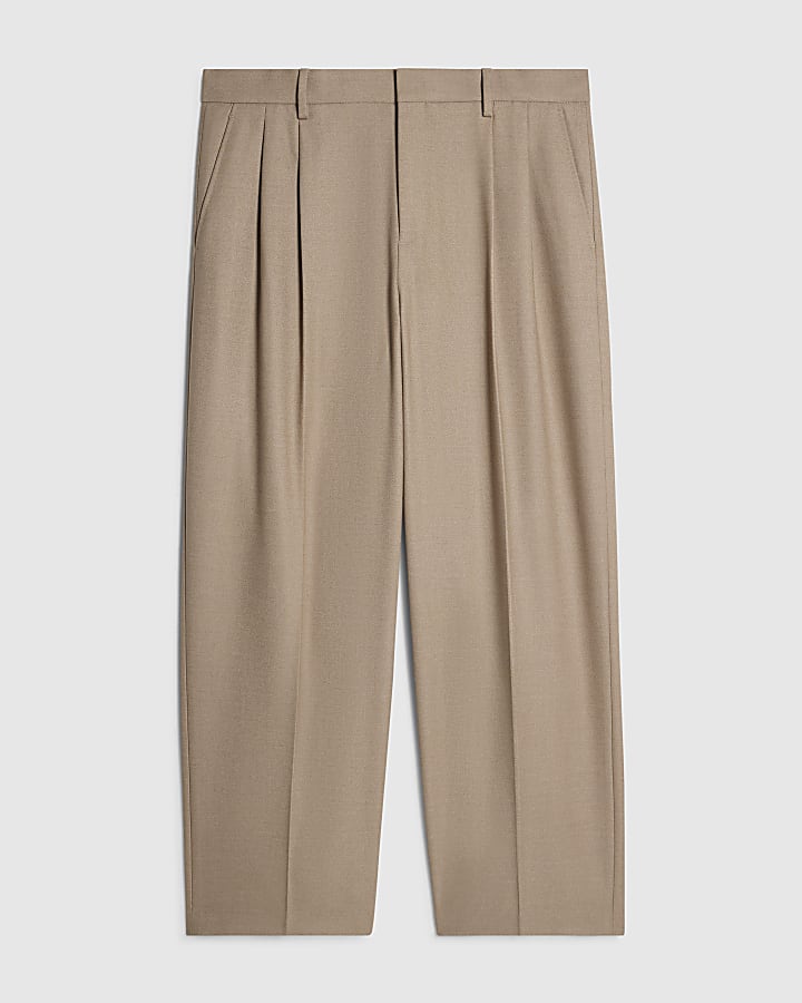 Beige Wide Fit Twill Trousers