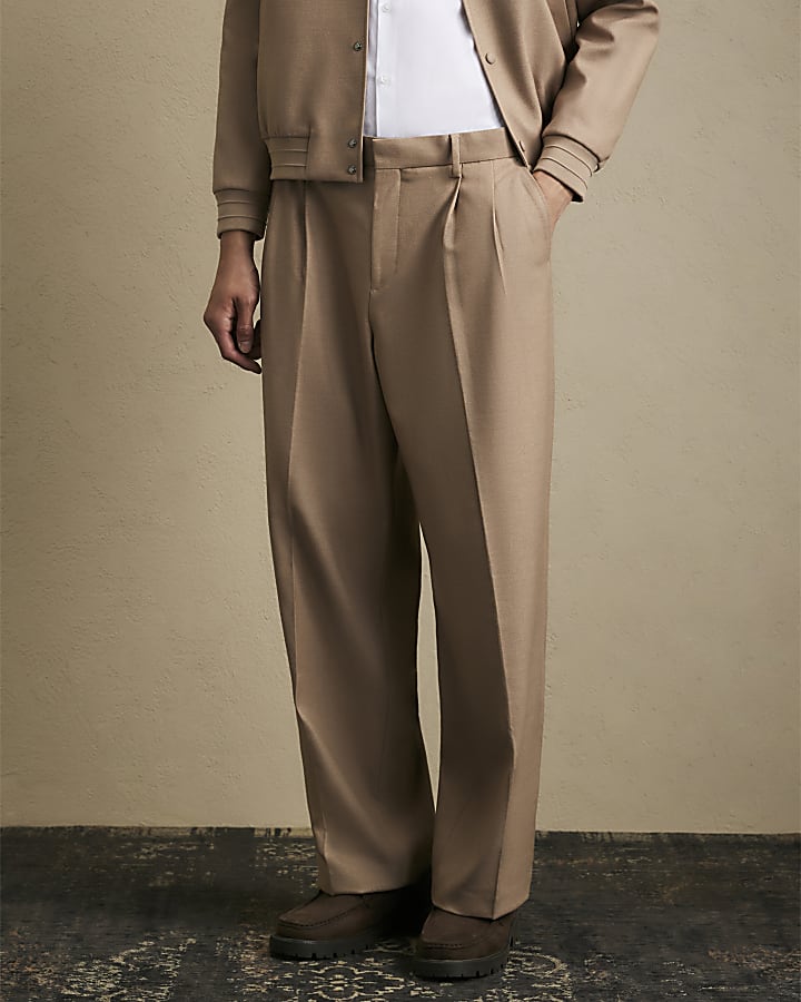Beige Wide Fit Twill Trousers