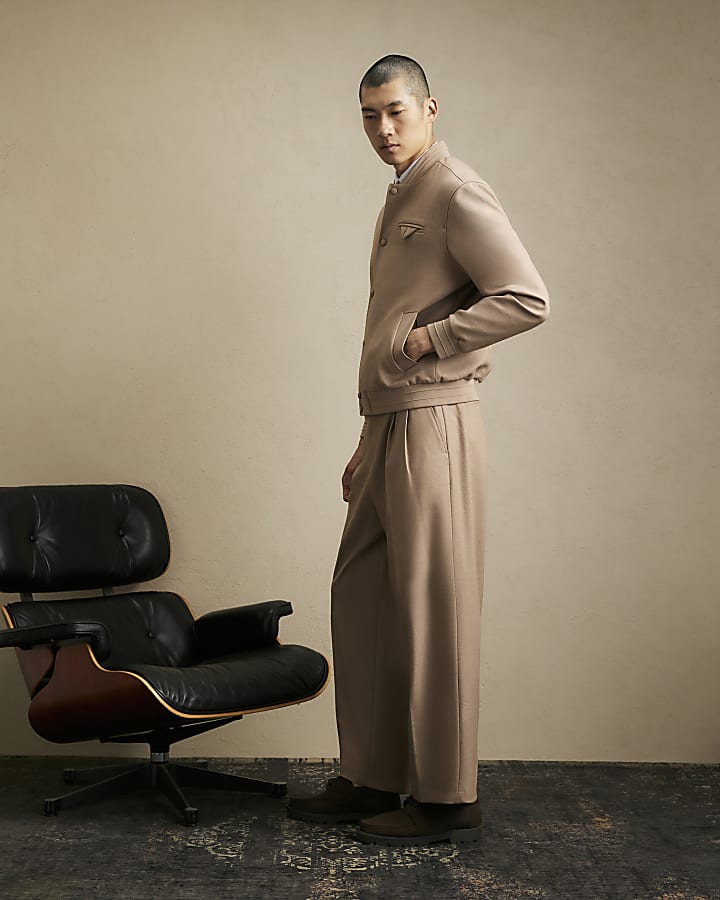 Beige Wide Fit Twill Trousers