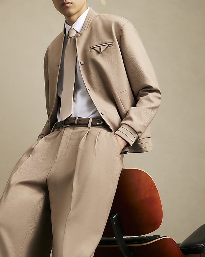 Beige Wide Fit Twill Trousers