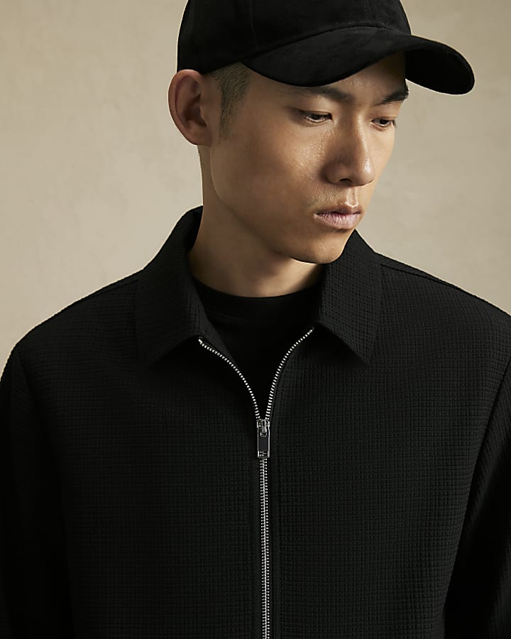 Black Regular Fit Textured Tracksuit Jacket
