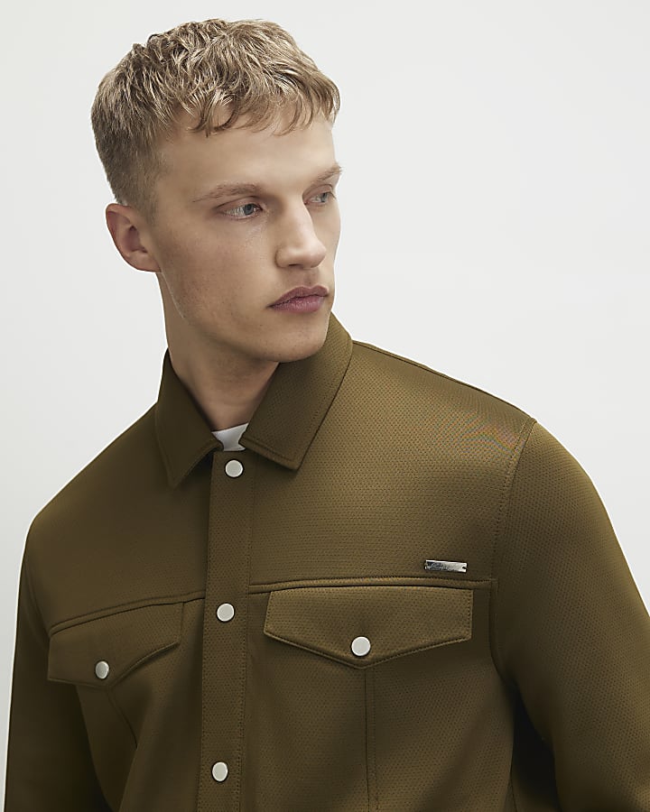 Khaki Slim Fit Textured Overshirt