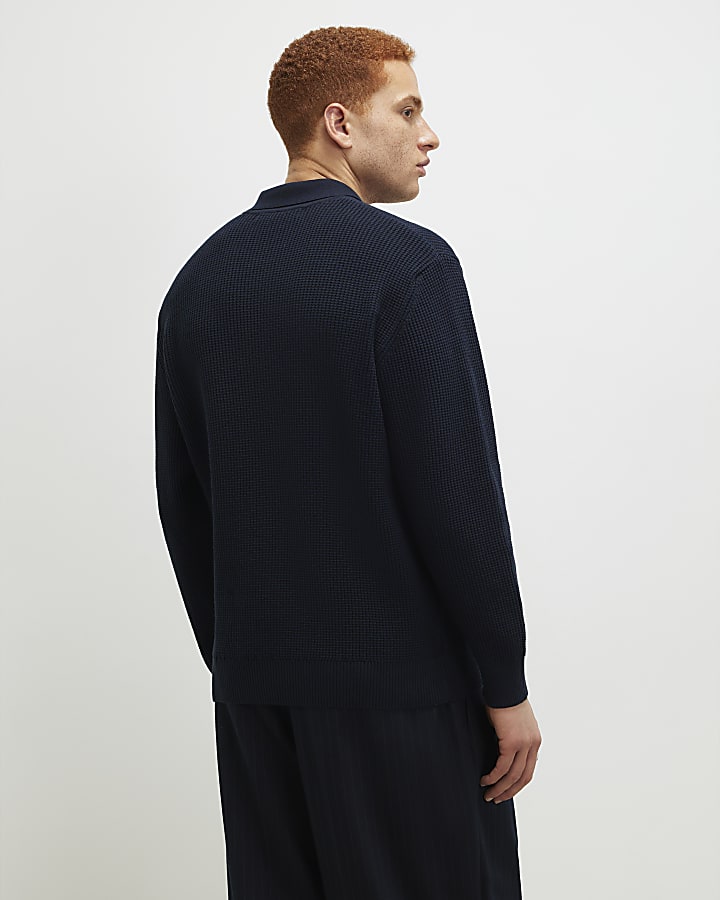 Navy Slim Fit Waffle Knit Jumper