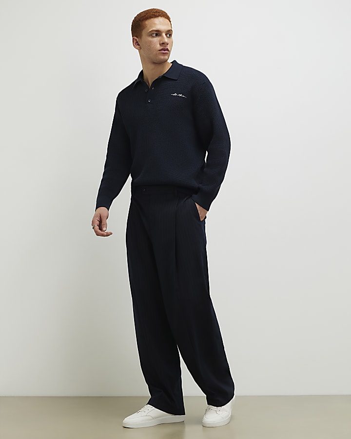 Navy Slim Fit Waffle Knit Jumper