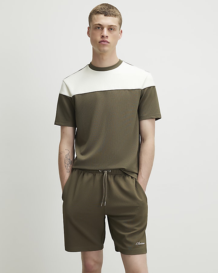 Khaki Regular Fit Colour Block Shorts