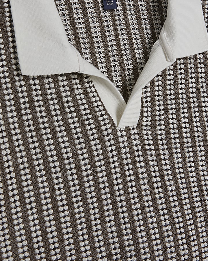 Khaki Slim Open Neck Crochet Polo Shirt