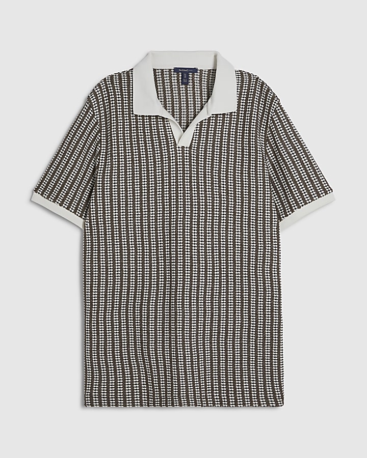 Khaki Slim Open Neck Crochet Polo Shirt