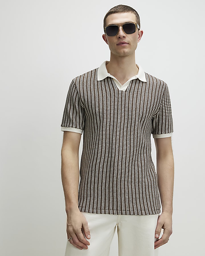 Khaki Slim Open Neck Crochet Polo Shirt