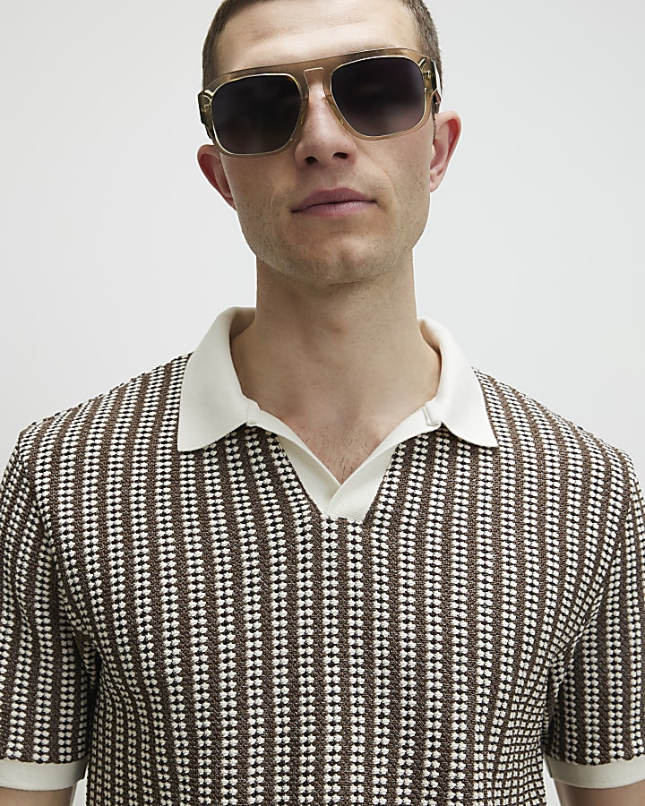 Khaki Slim Open Neck Crochet Polo Shirt