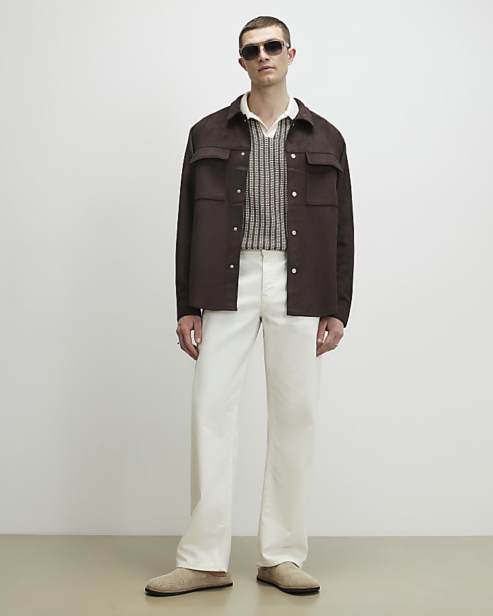 Khaki Slim Open Neck Crochet Polo Shirt