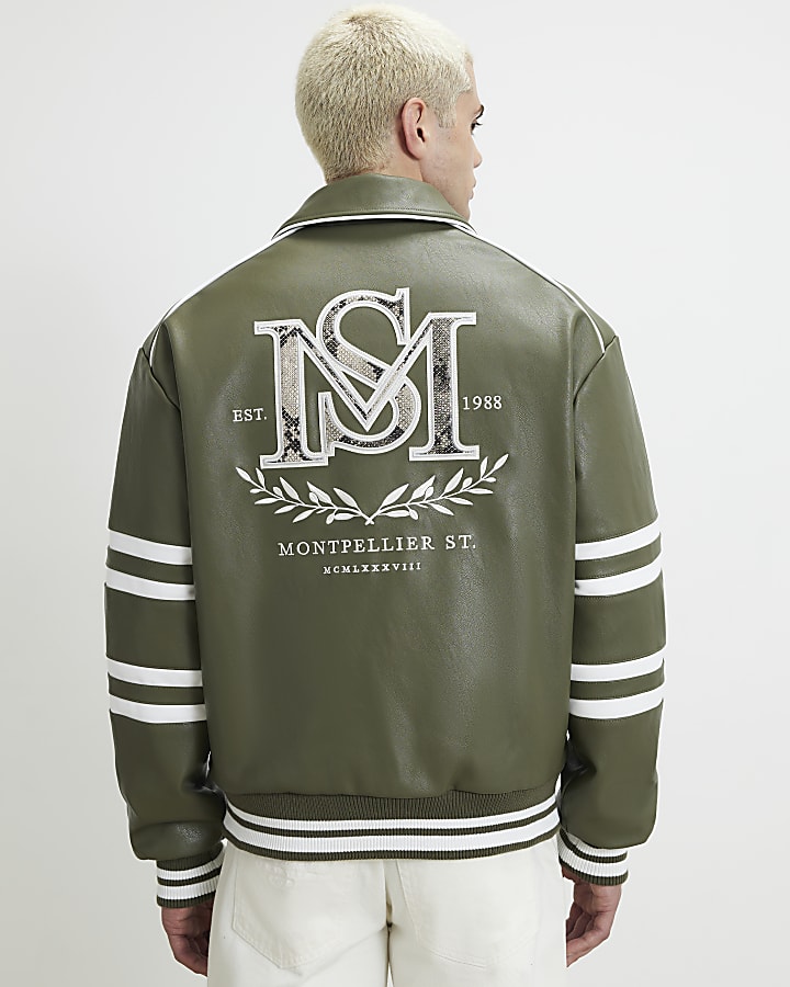 Green Leopard Print Washed Varsity Jacket