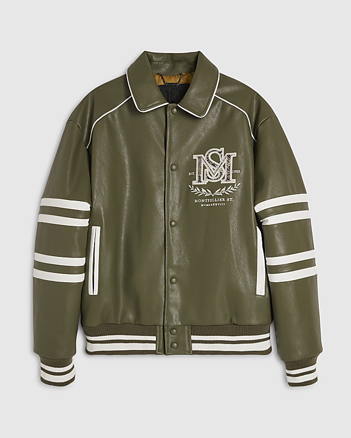 Green Leopard Print Washed Varsity Jacket