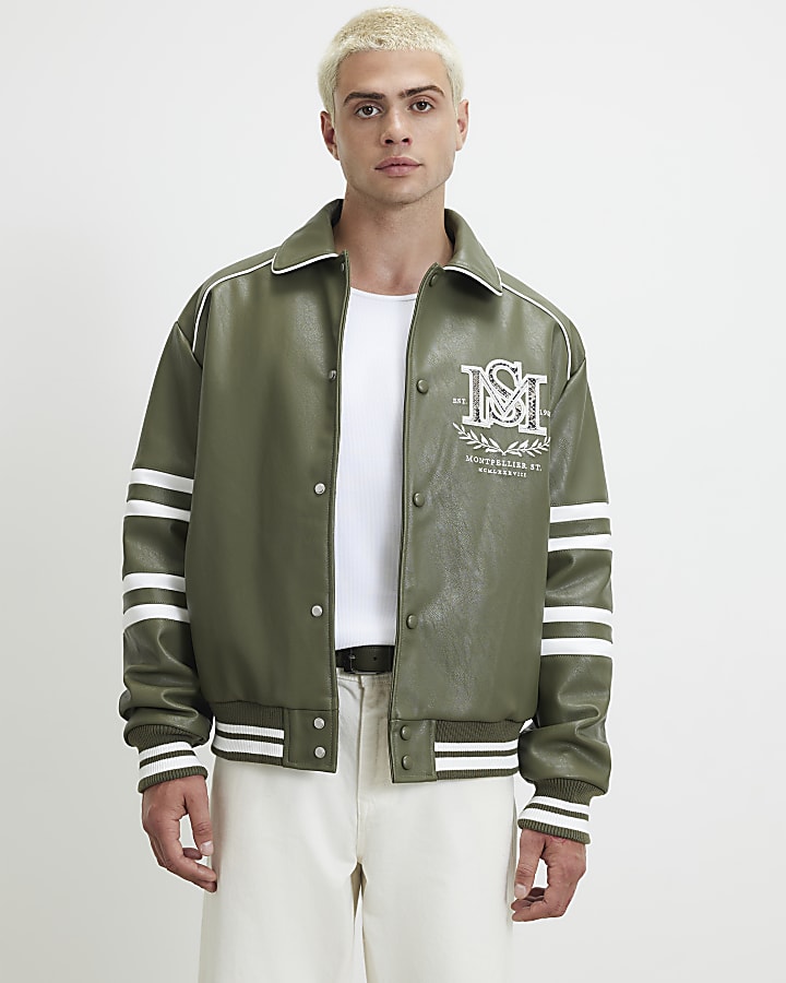 Green Leopard Print Washed Varsity Jacket