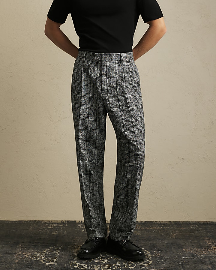 Grey Relaxed Fit Check Suit Trousers