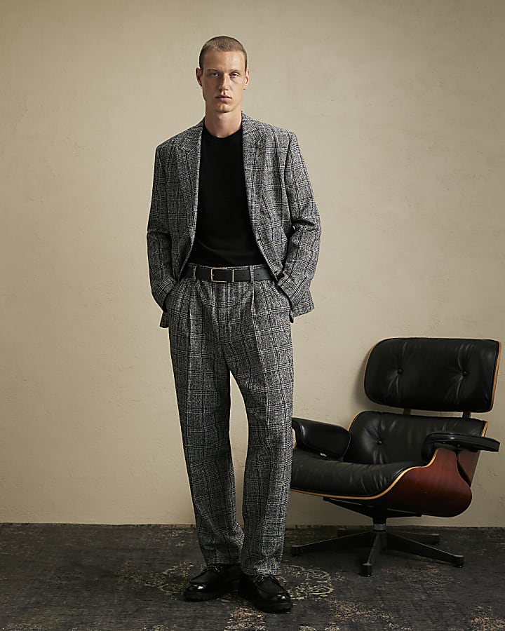 Grey Relaxed Fit Check Suit Trousers