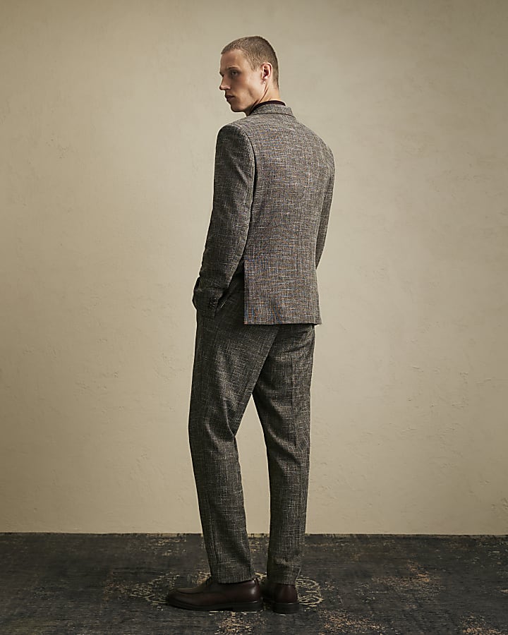 Brown Slim Fit Textured Suit Trousers