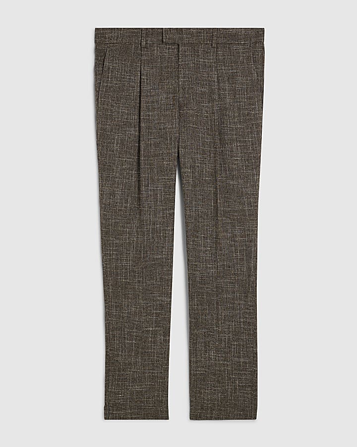 Brown Slim Fit Textured Suit Trousers
