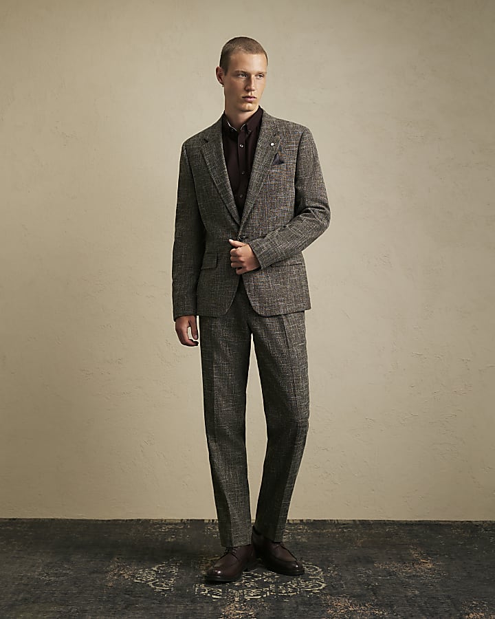 Brown Slim Fit Textured Suit Trousers