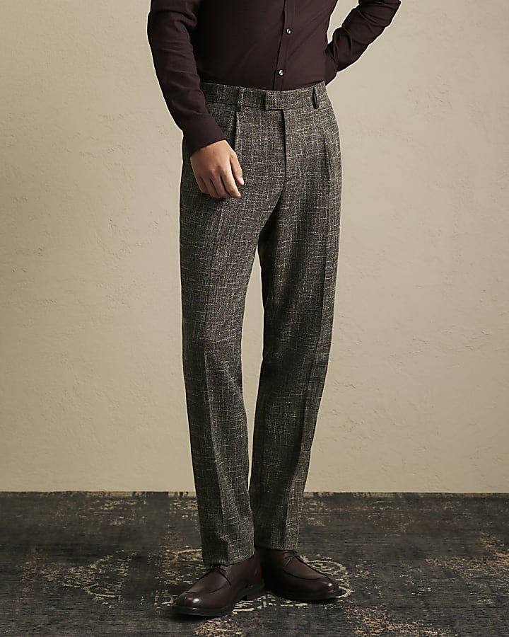 Brown Slim Fit Textured Suit Trousers