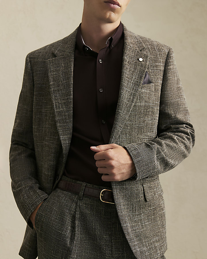 Brown Slim Fit Textured Blazer