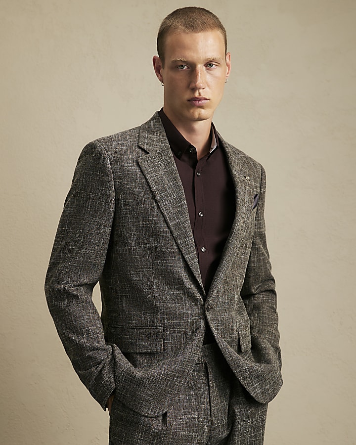 Brown Slim Fit Textured Blazer