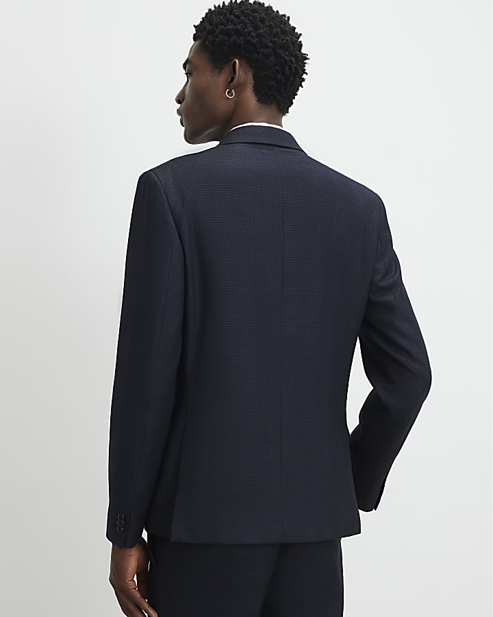 Blue Slim Fit Check Suit Jacket