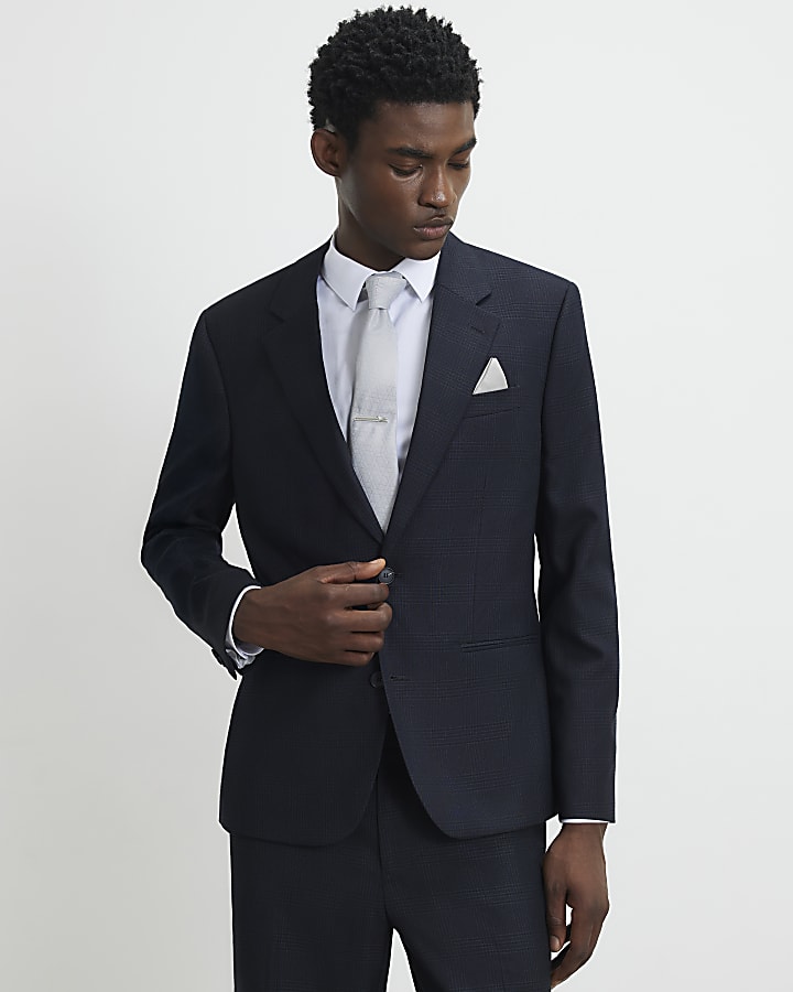 Blue Slim Fit Check Suit Jacket