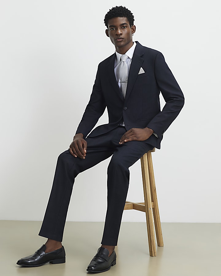 Blue Slim Fit Check Suit Trousers