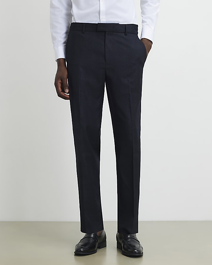 Blue Slim Fit Check Suit Trousers