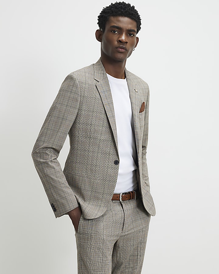 Grey Skinny Fit Check Suit Jacket