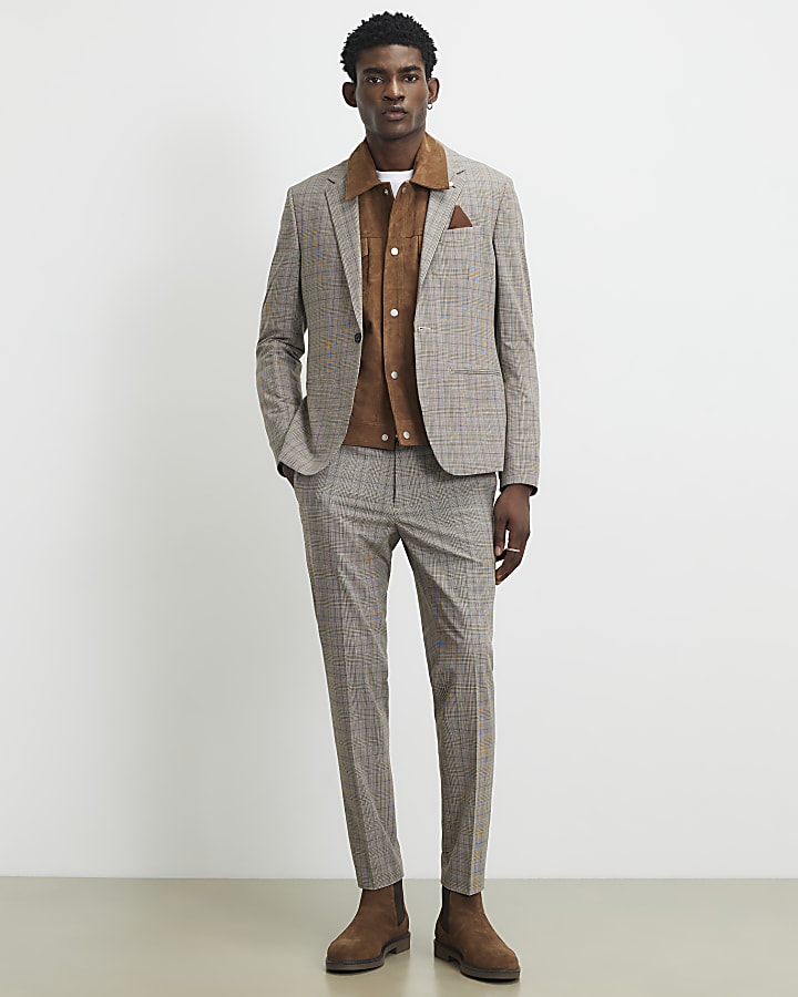 Grey Skinny Fit Check Suit Trousers
