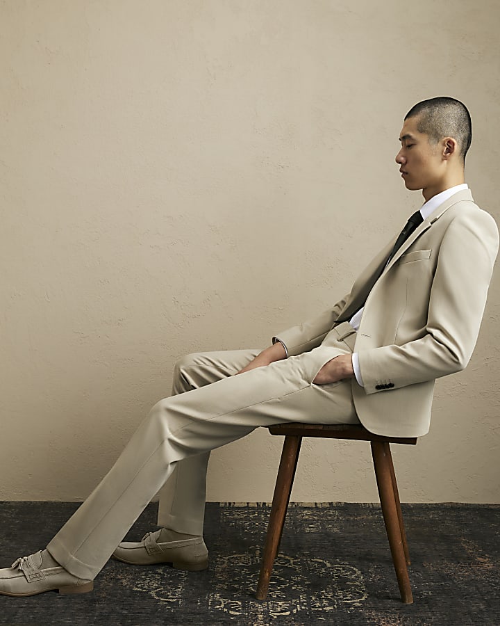 Beige Skinny Fit Suit Trousers