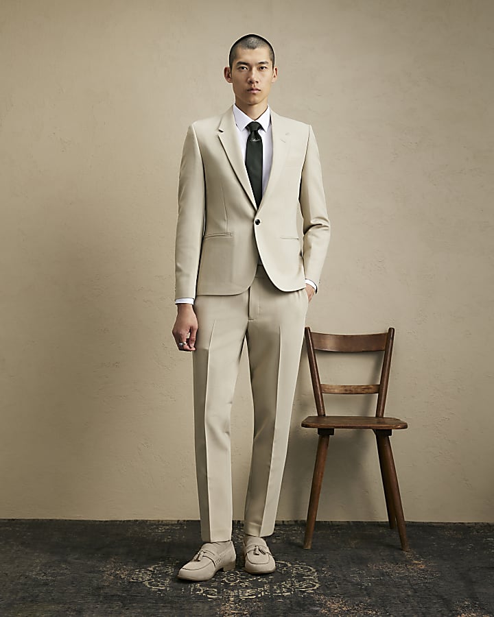 Beige Skinny Fit Suit Trousers