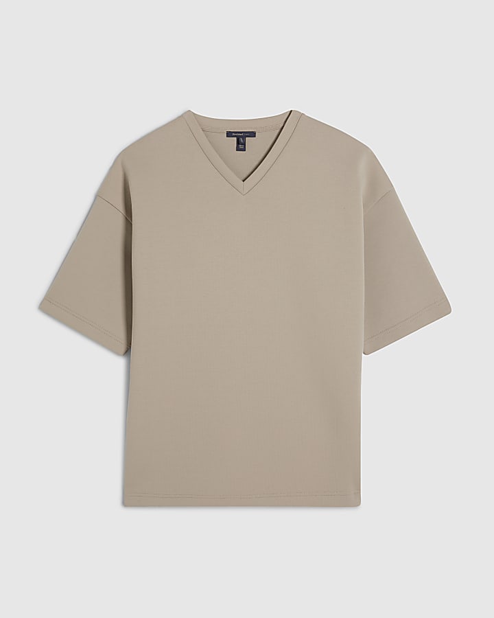 Beige Oversized Fit V Neck Premium T-Shirt