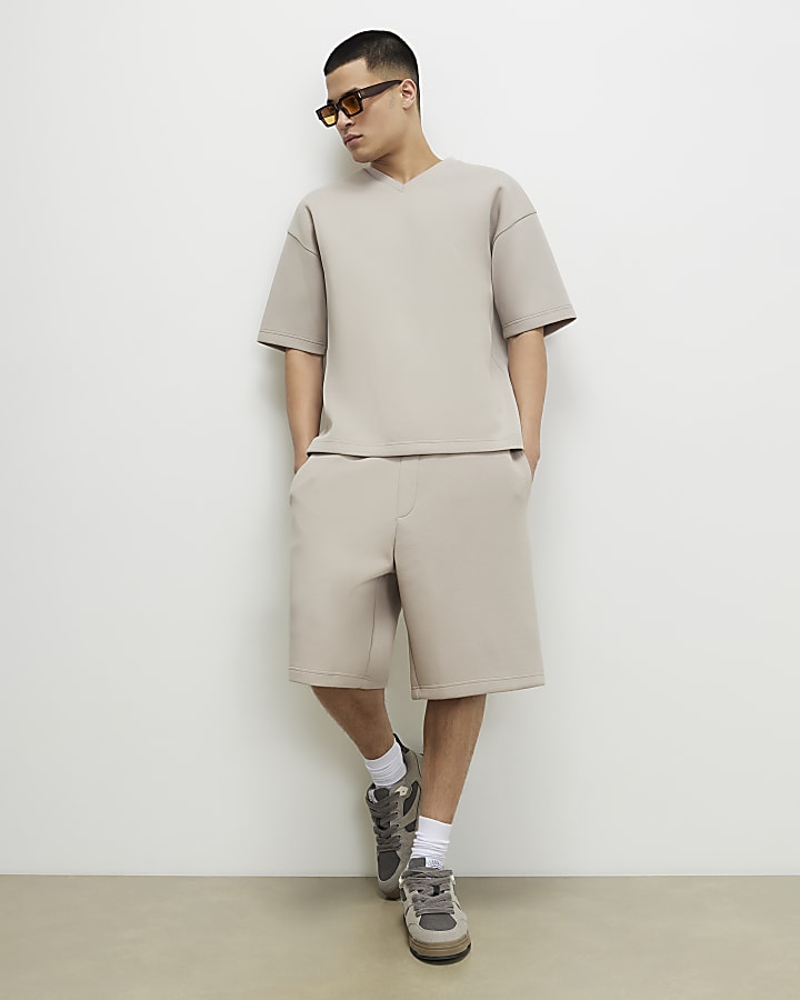 Beige Oversized Fit V Neck Premium T-Shirt