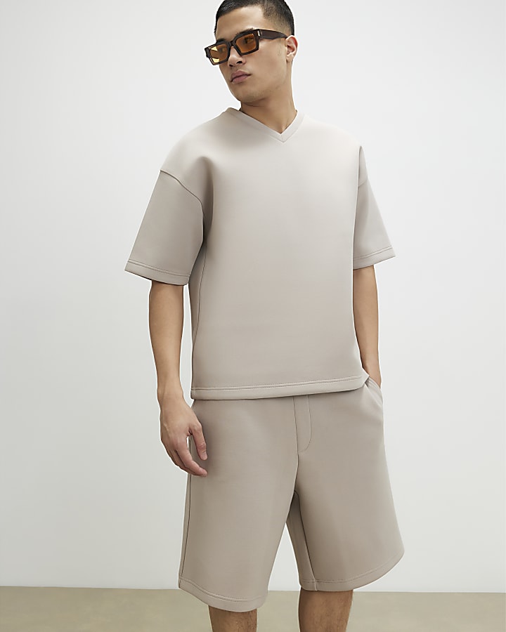 Beige Oversized Fit V Neck Premium T-Shirt