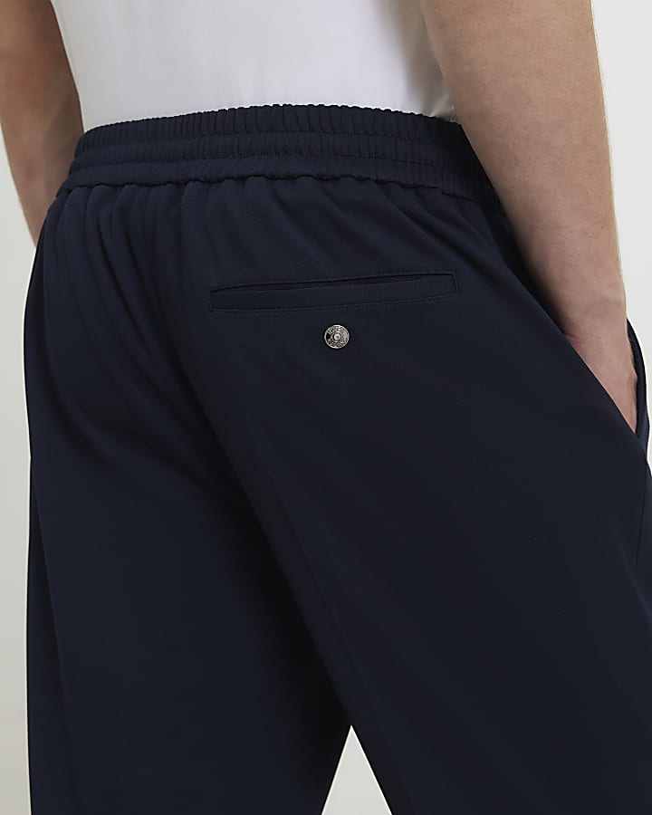 Navy Slim Fit Textured Suit Trousers
