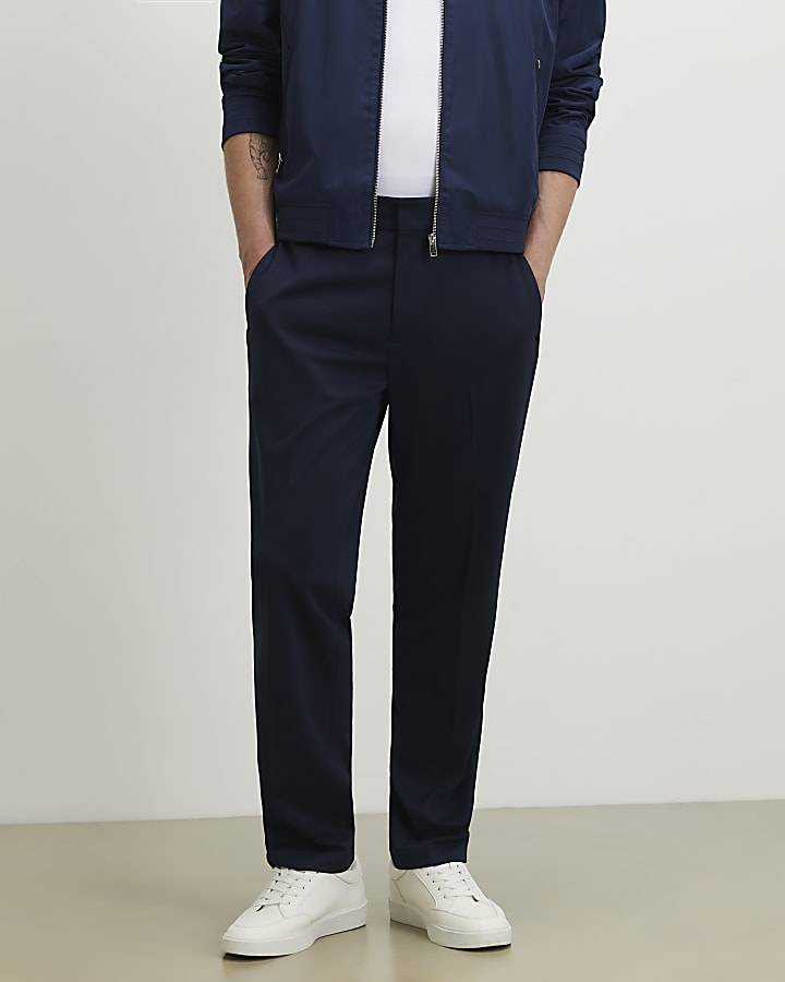 Navy Slim Fit Textured Suit Trousers