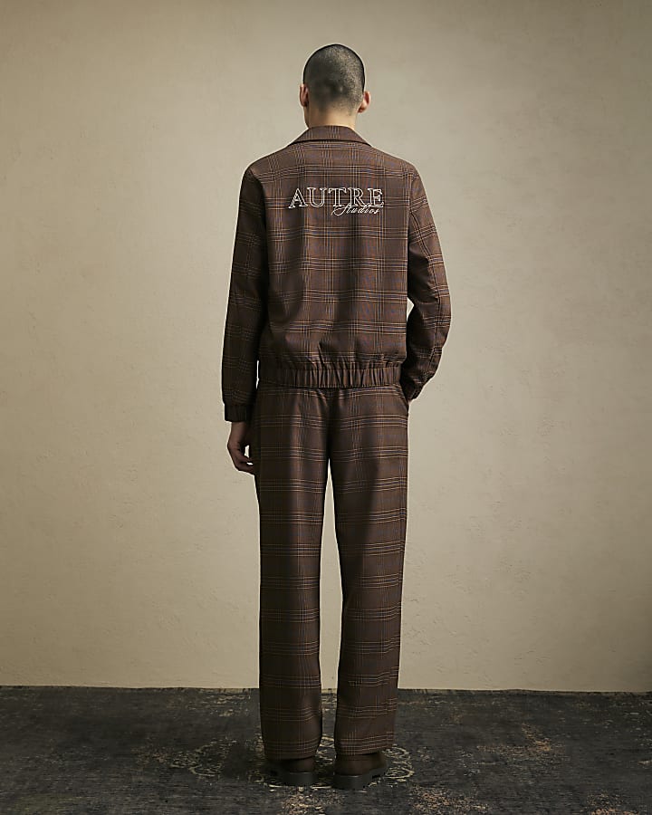 Brown Wide Leg Check Suit Trousers