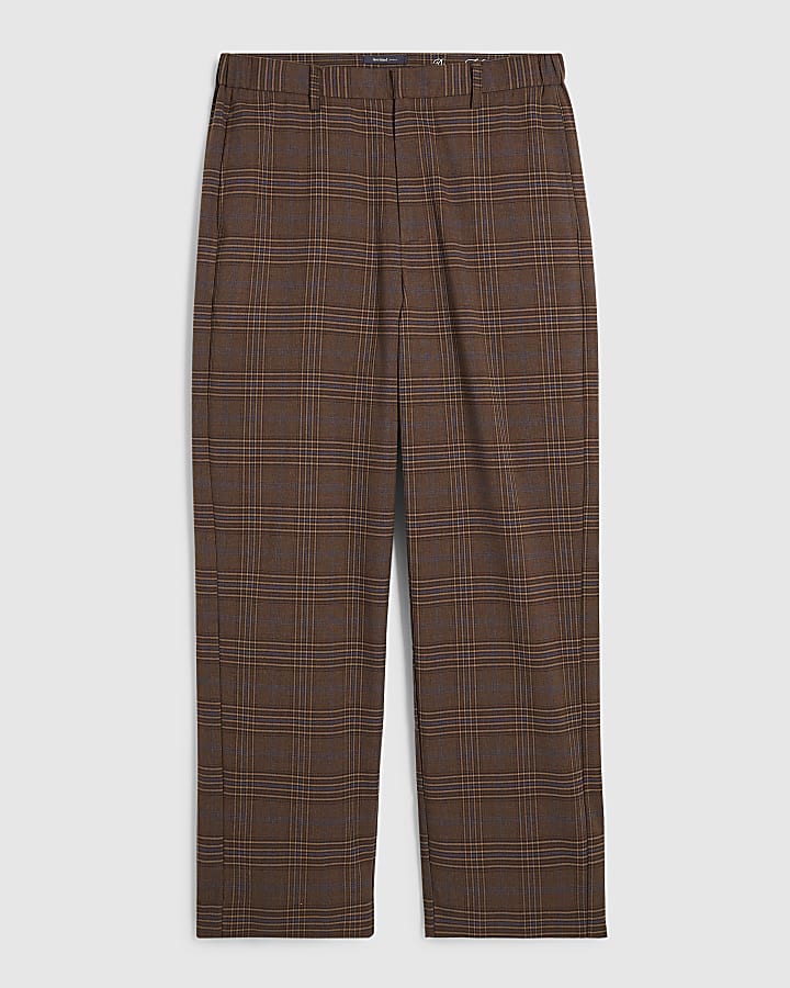 Brown Wide Leg Check Suit Trousers