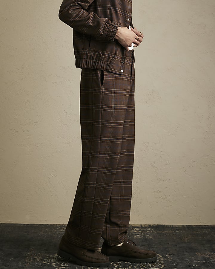 Brown Wide Leg Check Suit Trousers