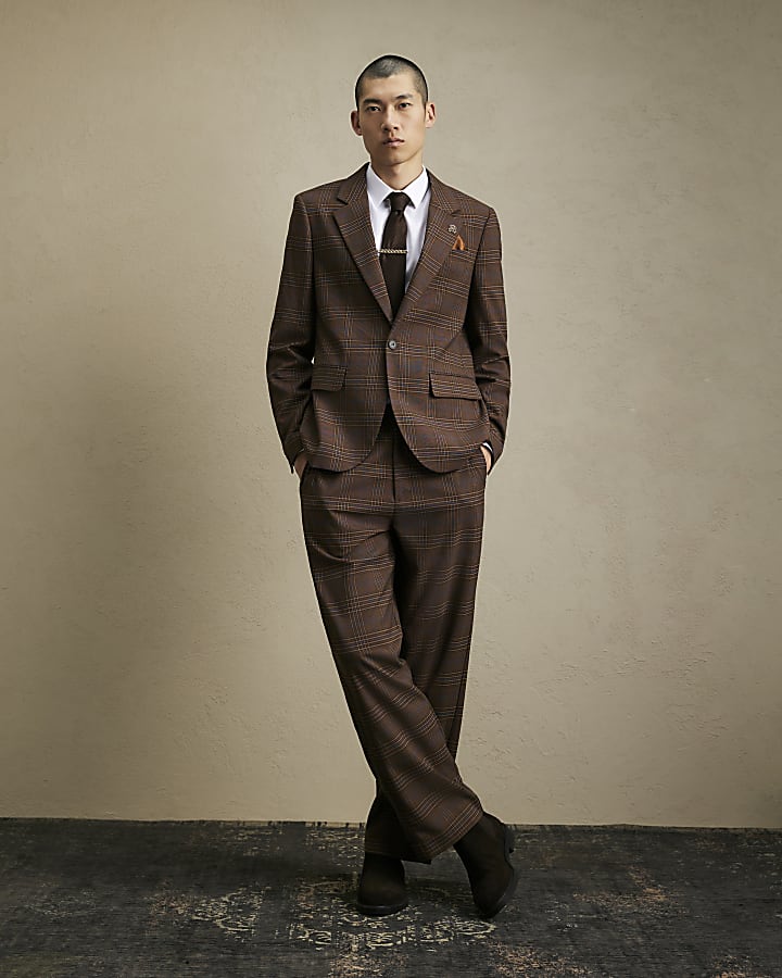 Brown Wide Leg Check Suit Trousers