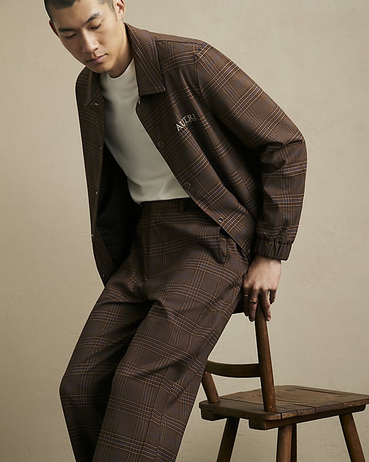 Brown Wide Leg Check Suit Trousers