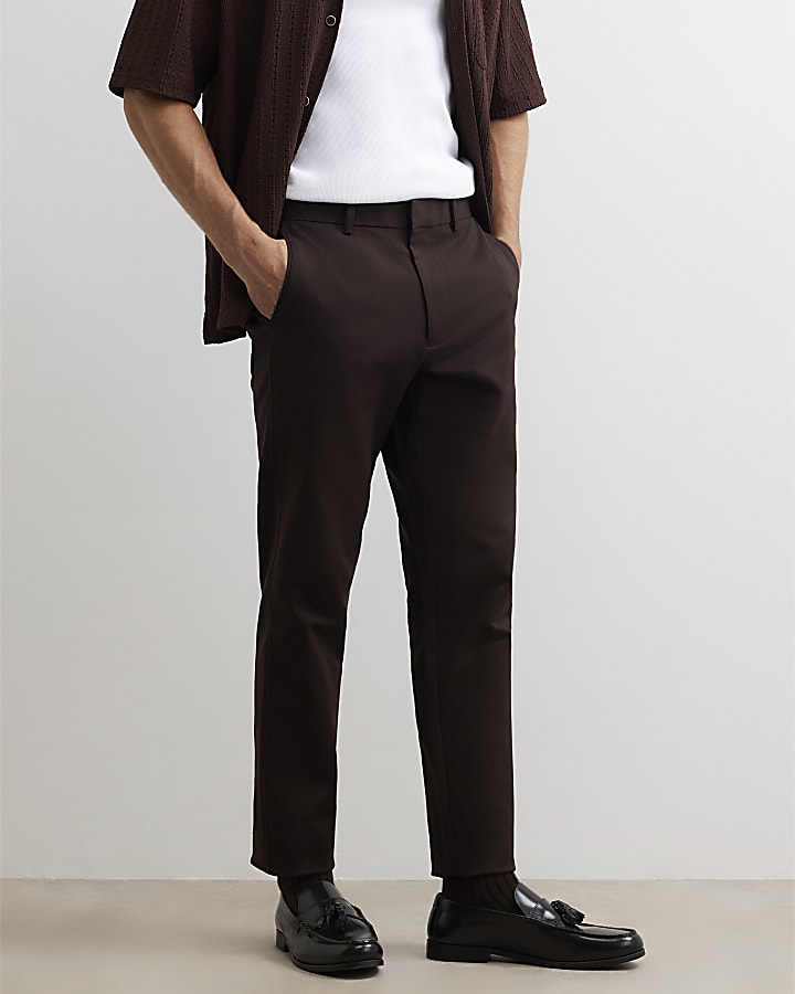 Brown Slim Fit Cotton Blend Chino Trousers