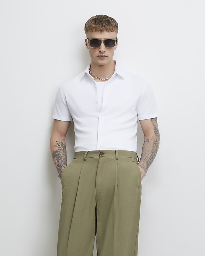 White Muscle Fit Pique Shirt