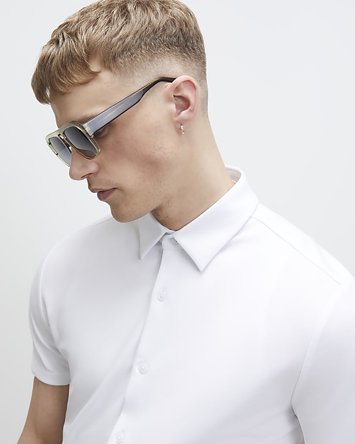 White Muscle Fit Pique Shirt